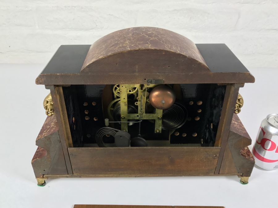 Vintage Wooden Mantle Clock With Metal Ornamentation Made In USA Maker Unknown Marbled Wood Working [Photo 25]