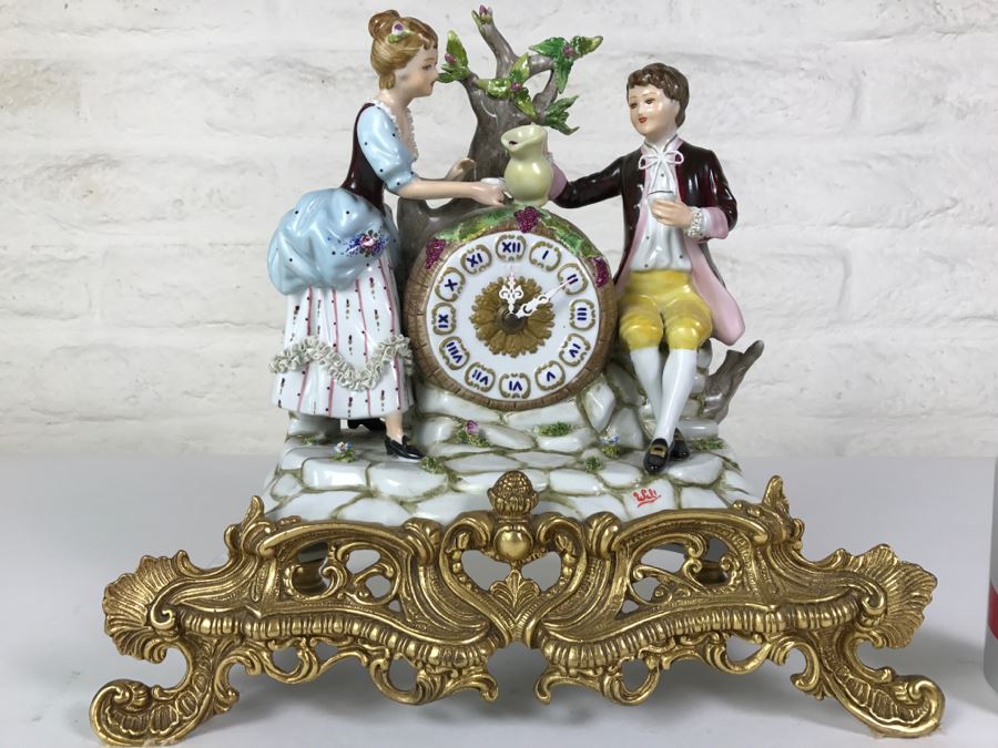 Fabulous Walt Hand Painted Porcelain Mantle Clock With Gilt Metal Base By C. Zanardi Made In Italy