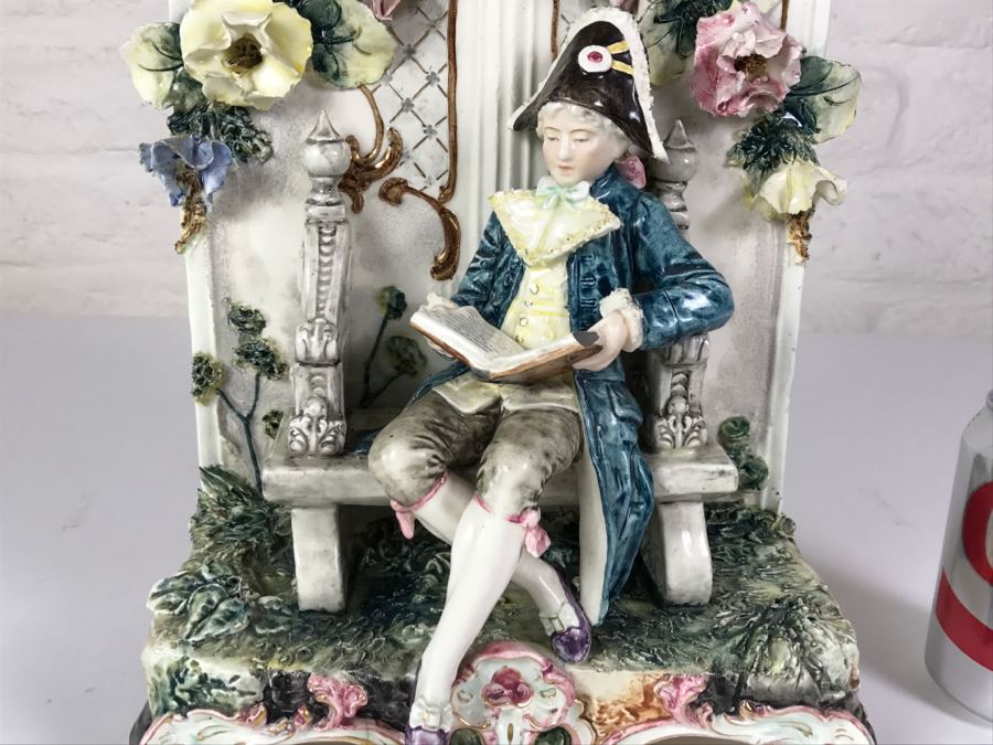Stunning Hand Painted Porcelain Flower Planter Vase Of Man Reading Book On Bench [Photo 7]