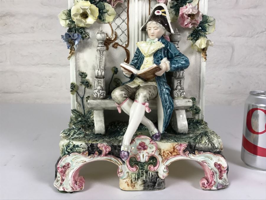Stunning Hand Painted Porcelain Flower Planter Vase Of Man Reading Book On Bench [Photo 6]