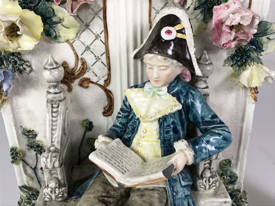 Stunning Hand Painted Porcelain Flower Planter Vase Of Man Reading Book On Bench [Photo 8]