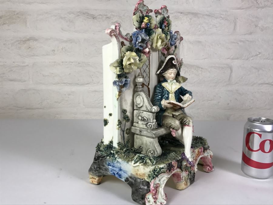 Stunning Hand Painted Porcelain Flower Planter Vase Of Man Reading Book On Bench [Photo 3]