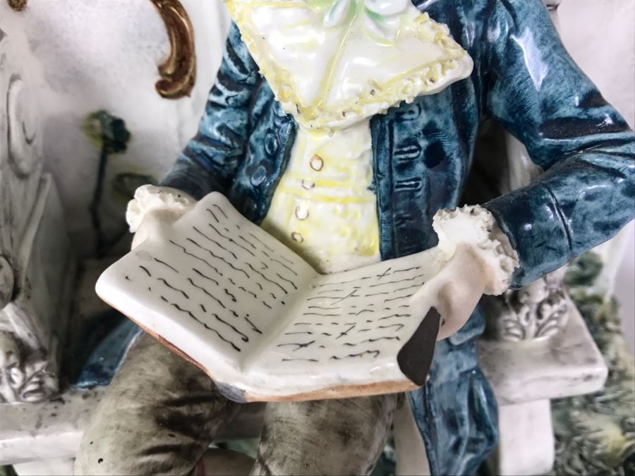 Stunning Hand Painted Porcelain Flower Planter Vase Of Man Reading Book On Bench [Photo 9]