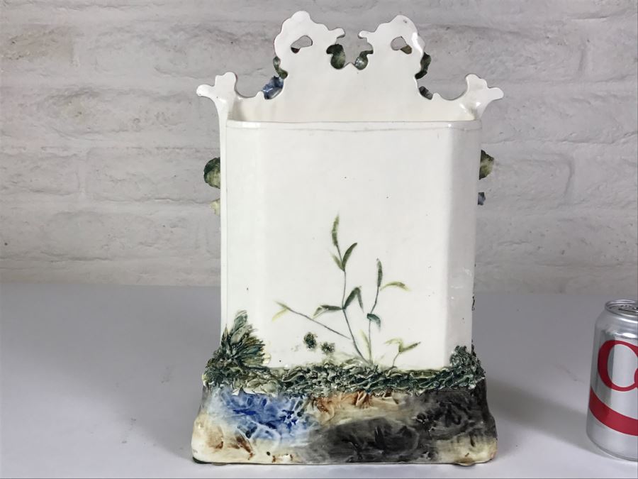 Stunning Hand Painted Porcelain Flower Planter Vase Of Man Reading Book On Bench [Photo 2]