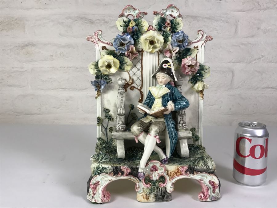 Stunning Hand Painted Porcelain Flower Planter Vase Of Man Reading Book On Bench [Photo 1]