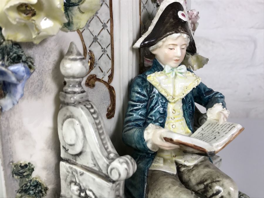 Stunning Hand Painted Porcelain Flower Planter Vase Of Man Reading Book On Bench [Photo 13]