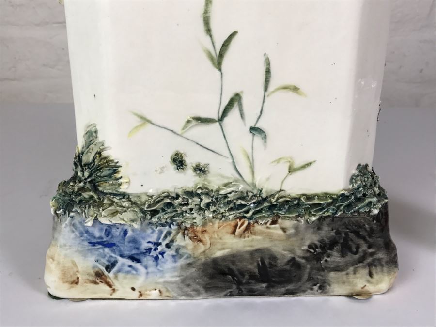 Stunning Hand Painted Porcelain Flower Planter Vase Of Man Reading Book On Bench [Photo 15]