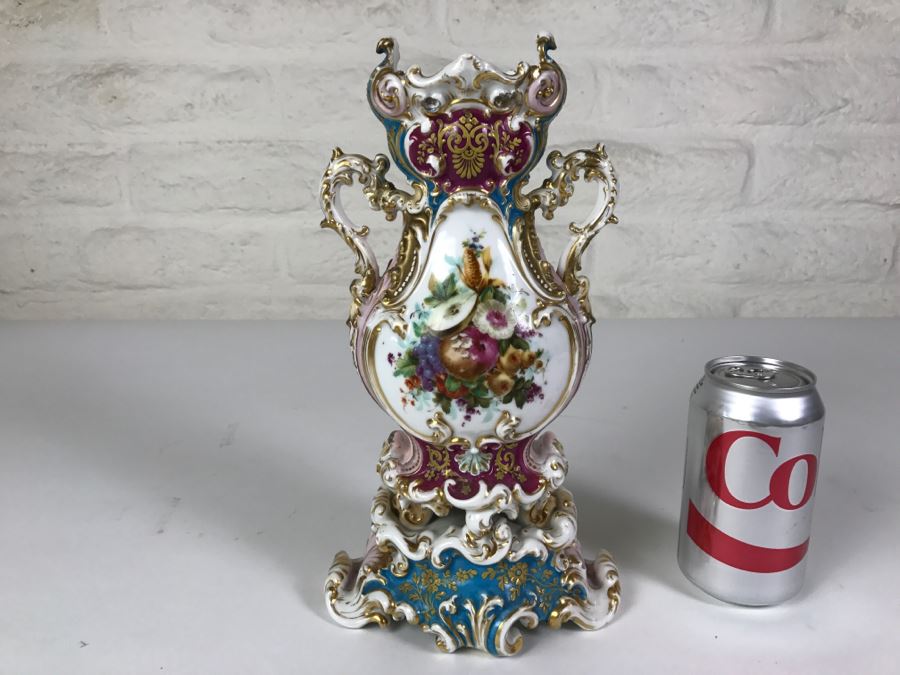 Ornate Gold Accented Hand Painted Vase With Detailed Bird Painting On One Side And Still Life Fruits Painting On Other [Photo 12]
