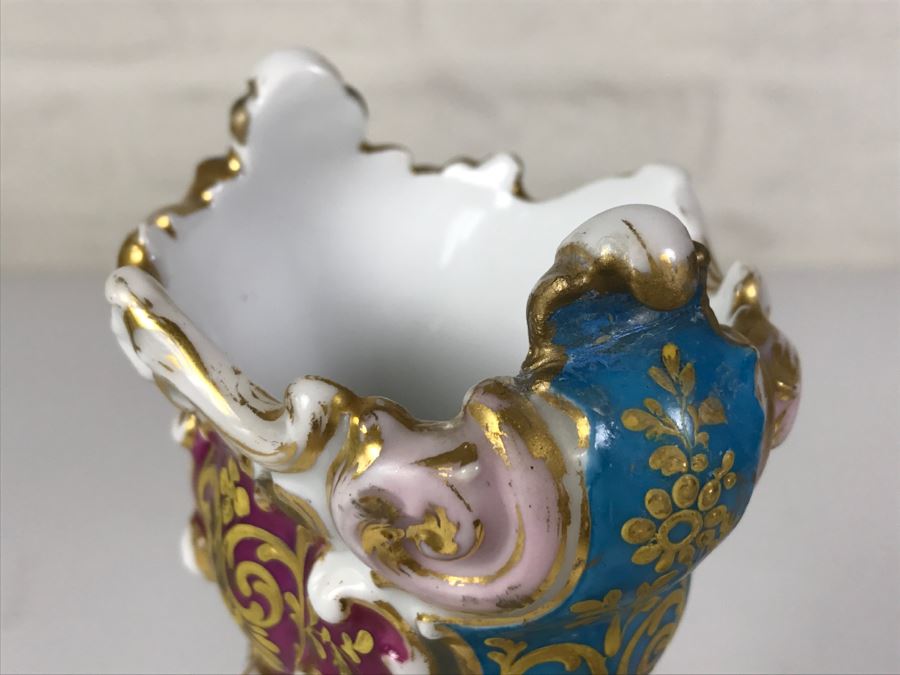 Ornate Gold Accented Hand Painted Vase With Detailed Bird Painting On One Side And Still Life Fruits Painting On Other [Photo 11]