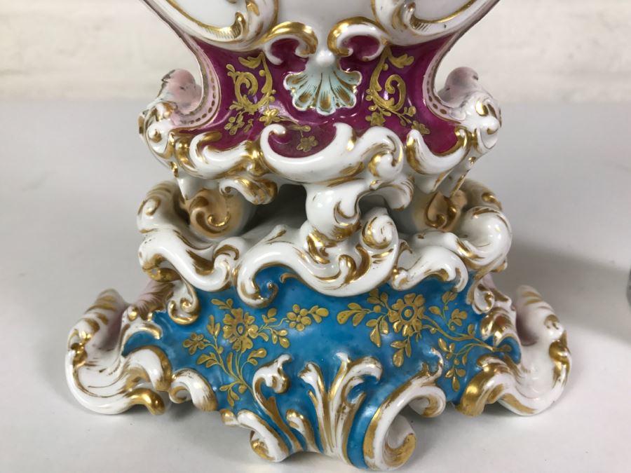 Ornate Gold Accented Hand Painted Vase With Detailed Bird Painting On One Side And Still Life Fruits Painting On Other [Photo 15]