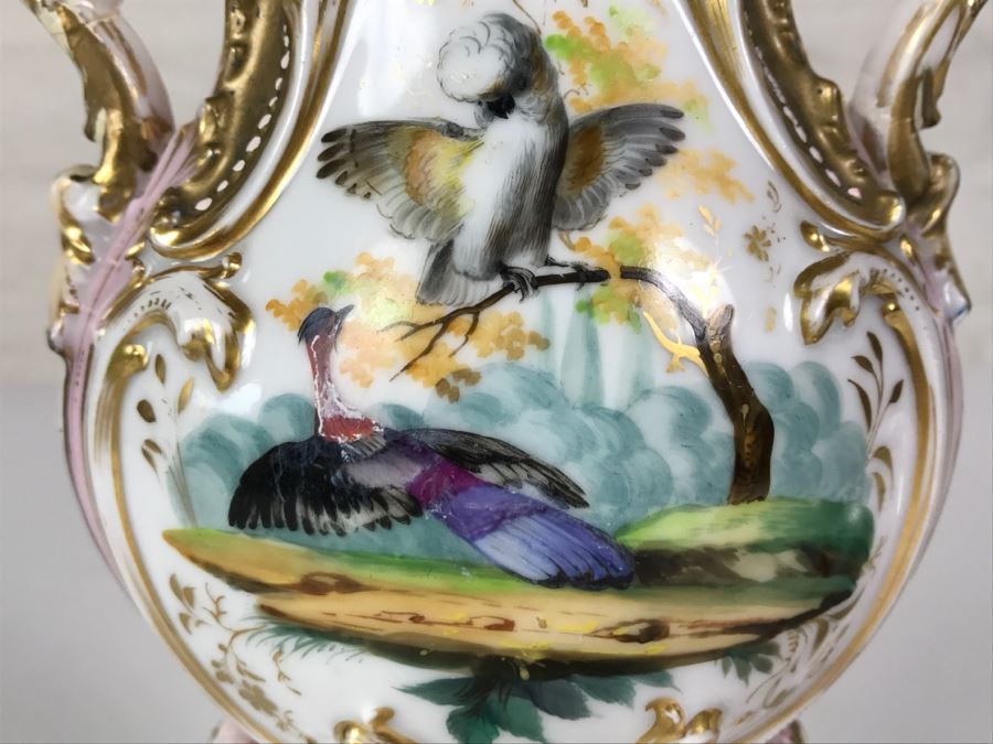 Ornate Gold Accented Hand Painted Vase With Detailed Bird Painting On One Side And Still Life Fruits Painting On Other [Photo 5]