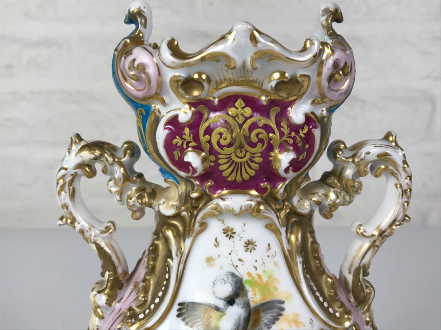Ornate Gold Accented Hand Painted Vase With Detailed Bird Painting On One Side And Still Life Fruits Painting On Other [Photo 3]