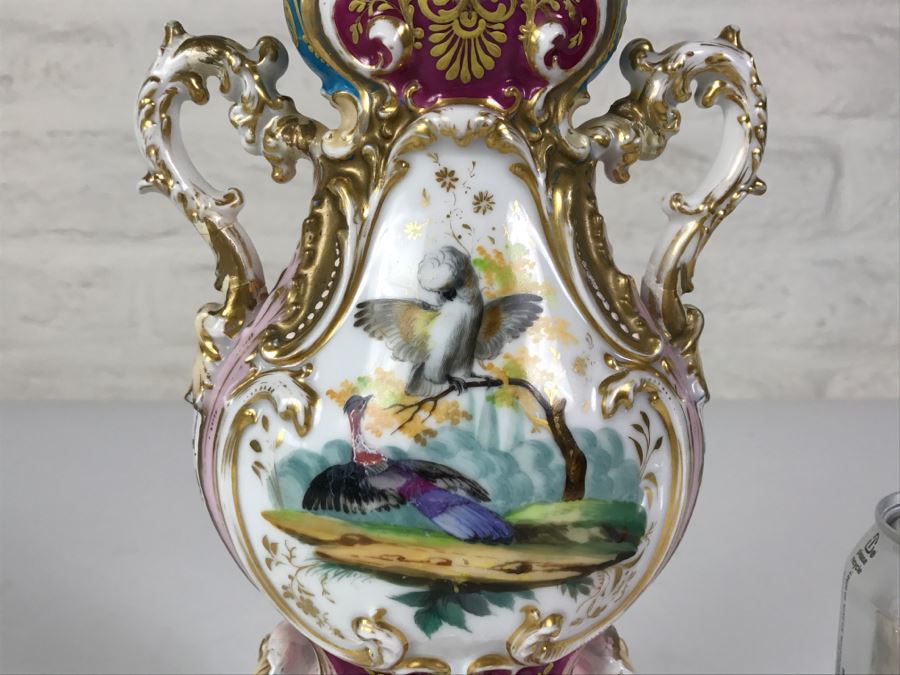 Ornate Gold Accented Hand Painted Vase With Detailed Bird Painting On One Side And Still Life Fruits Painting On Other [Photo 6]