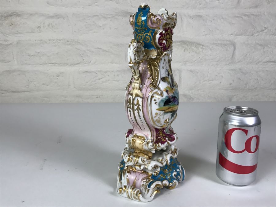 Ornate Gold Accented Hand Painted Vase With Detailed Bird Painting On One Side And Still Life Fruits Painting On Other [Photo 9]