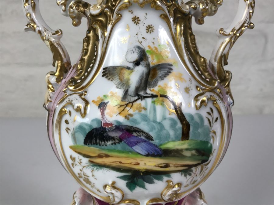 Ornate Gold Accented Hand Painted Vase With Detailed Bird Painting On One Side And Still Life Fruits Painting On Other [Photo 2]