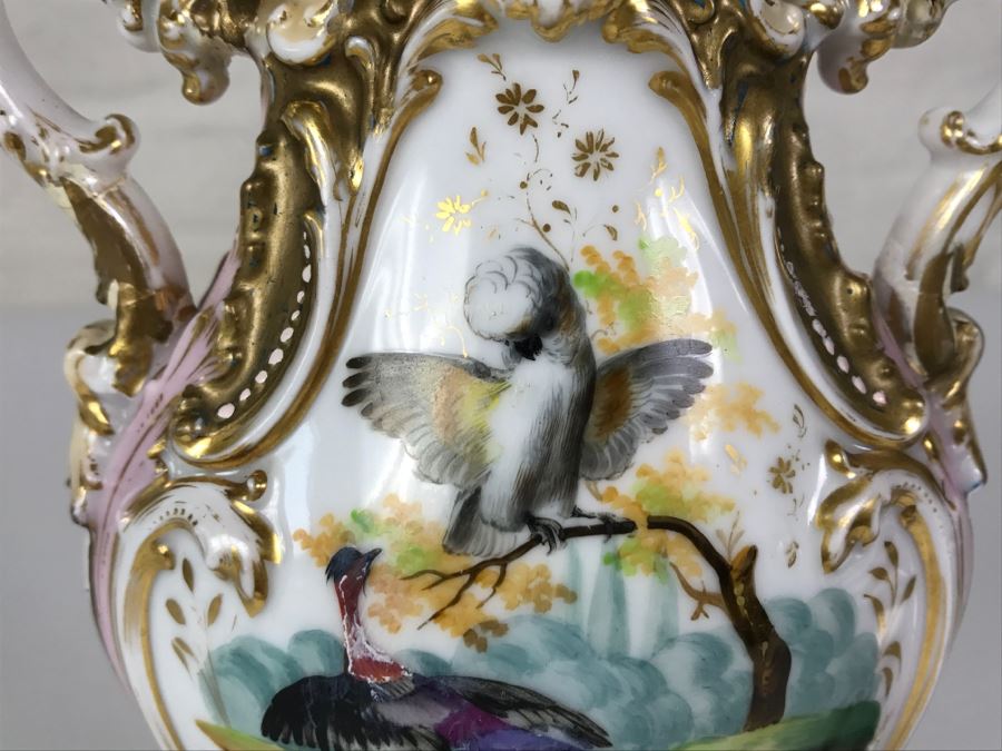 Ornate Gold Accented Hand Painted Vase With Detailed Bird Painting On One Side And Still Life Fruits Painting On Other [Photo 4]