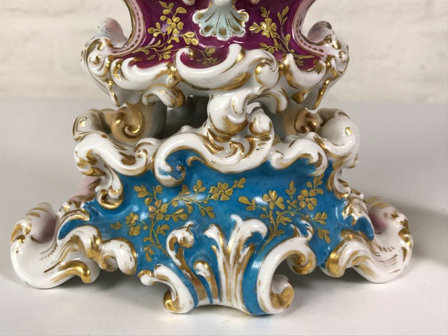 Ornate Gold Accented Hand Painted Vase With Detailed Bird Painting On One Side And Still Life Fruits Painting On Other [Photo 8]