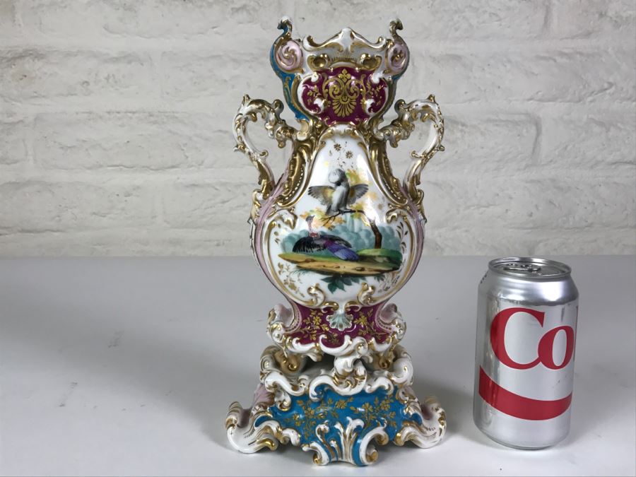 Ornate Gold Accented Hand Painted Vase With Detailed Bird Painting On One Side And Still Life Fruits Painting On Other [Photo 1]
