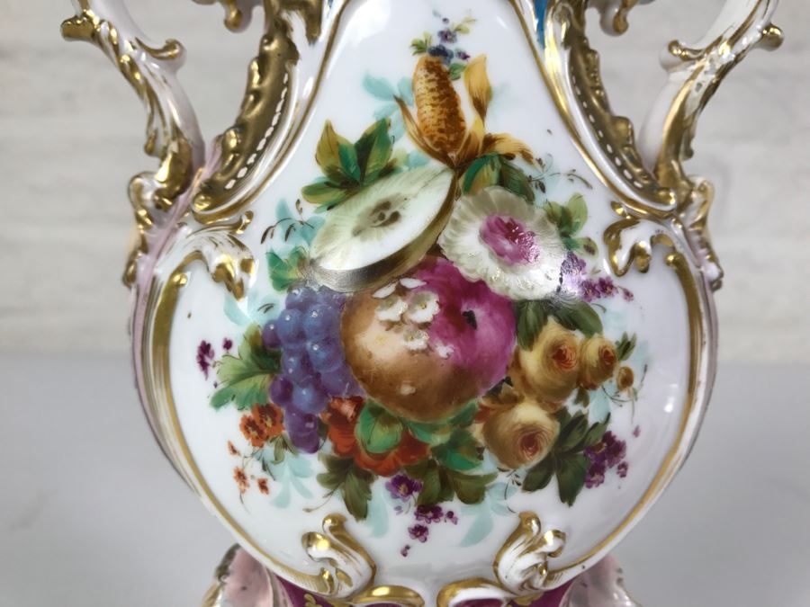 Ornate Gold Accented Hand Painted Vase With Detailed Bird Painting On One Side And Still Life Fruits Painting On Other [Photo 14]