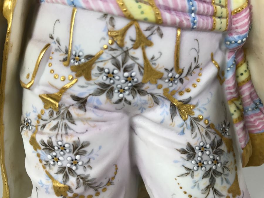 Large Beautifully Painted Figure Of Woman Holding Baskets Gold Accented [Photo 3]