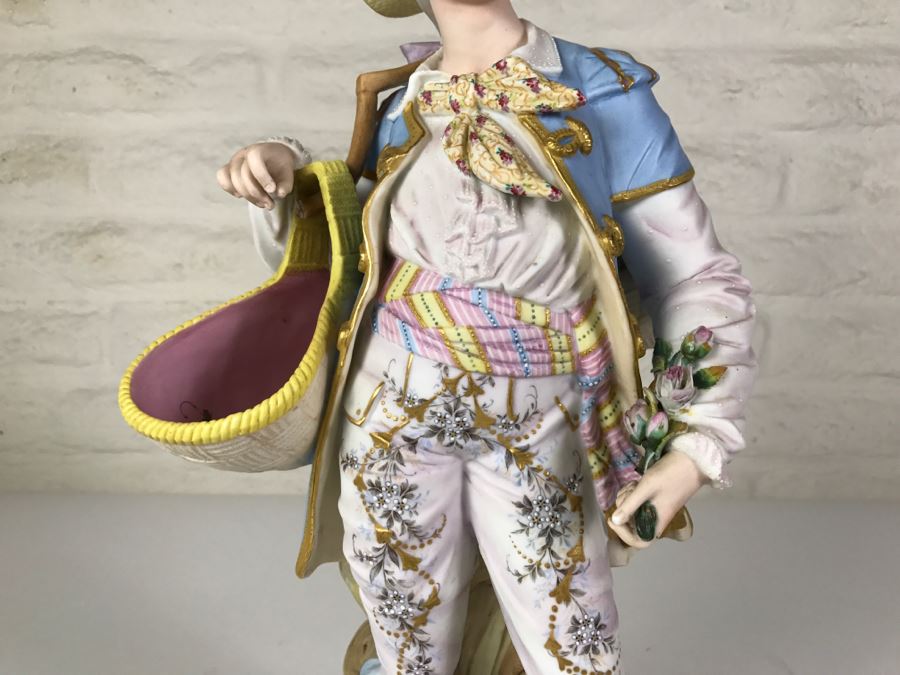 Large Beautifully Painted Figure Of Woman Holding Baskets Gold Accented [Photo 7]