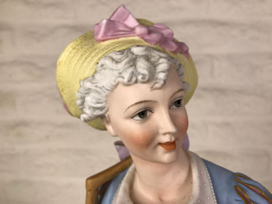 Large Beautifully Painted Figure Of Woman Holding Baskets Gold Accented [Photo 4]