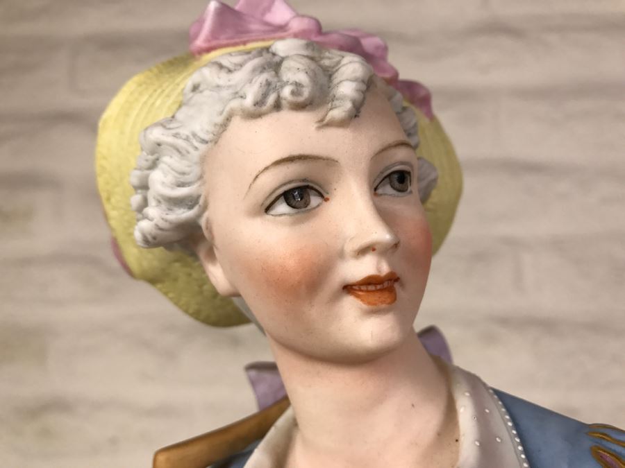 Large Beautifully Painted Figure Of Woman Holding Baskets Gold Accented [Photo 5]