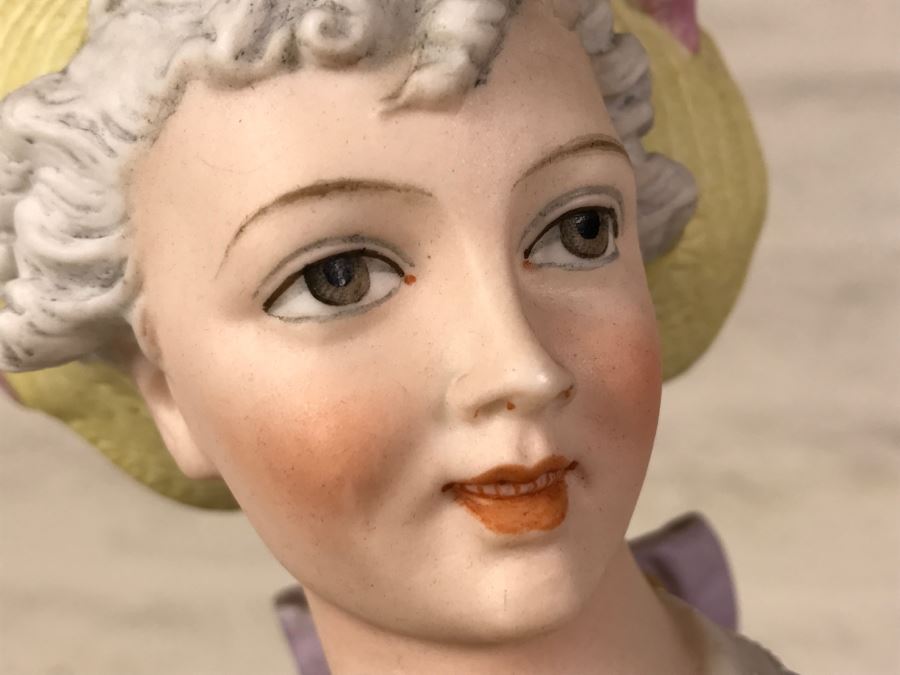 Large Beautifully Painted Figure Of Woman Holding Baskets Gold Accented [Photo 2]