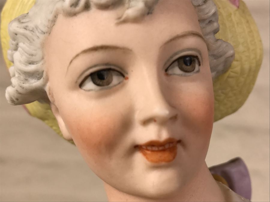 Large Beautifully Painted Figure Of Woman Holding Baskets Gold Accented [Photo 16]