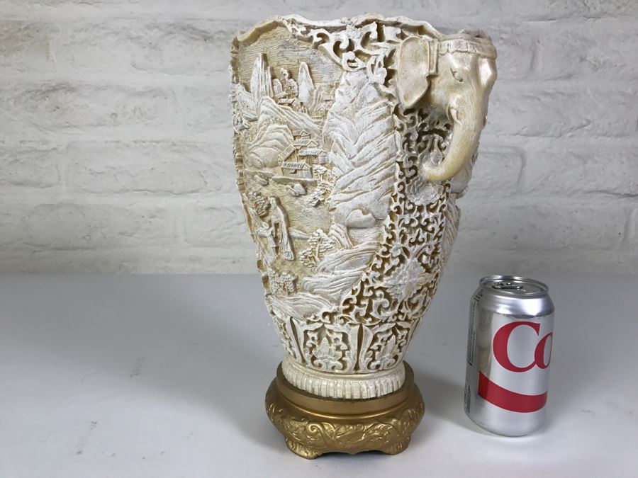 Chinoiserie Resin 'Ivory Replica' Elephant Handle Vase Made In Italy [Photo 8]