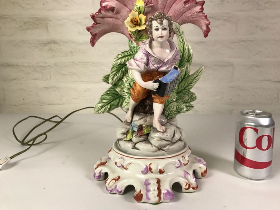 Hand Painted D Polo-Uiato Lamp Of Boy With Accordian Capodimonte Porcelain Made In Italy Signed [Photo 5]