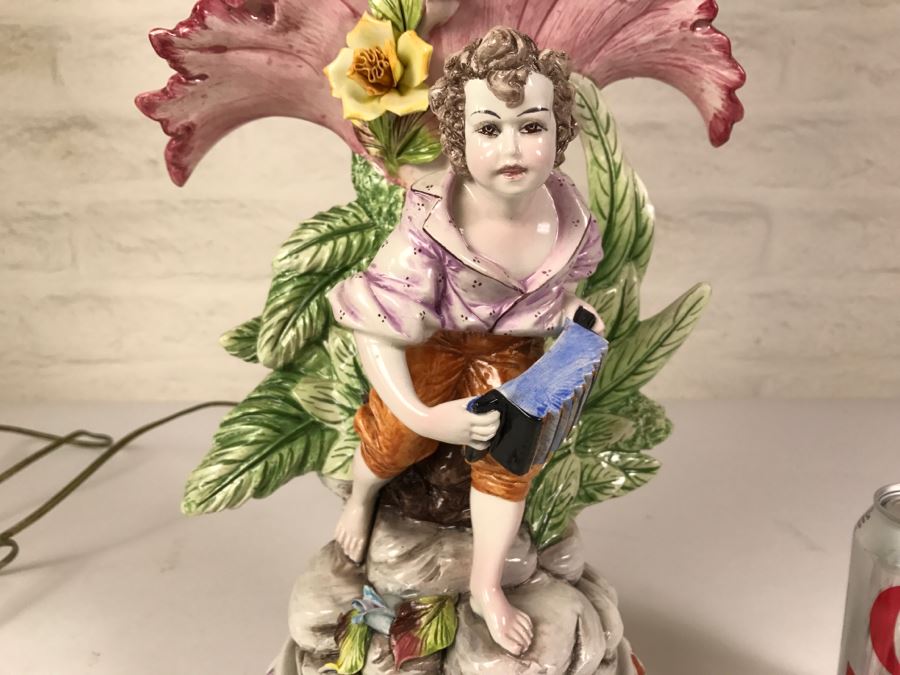Hand Painted D Polo-Uiato Lamp Of Boy With Accordian Capodimonte Porcelain Made In Italy Signed [Photo 3]