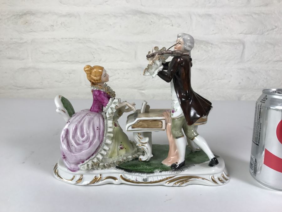 Hand Painted Figurine Of Woman At Piano And Man Playing Violin