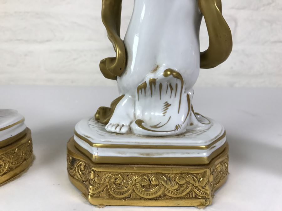 Exquisite Pair Of Candle Holders On Gilt Metal Base Boys Holding Up Candle Holders Signed N With Crown [Photo 16]