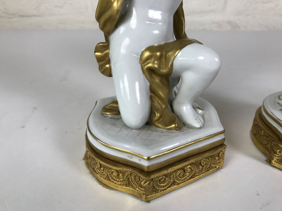 Exquisite Pair Of Candle Holders On Gilt Metal Base Boys Holding Up Candle Holders Signed N With Crown [Photo 10]