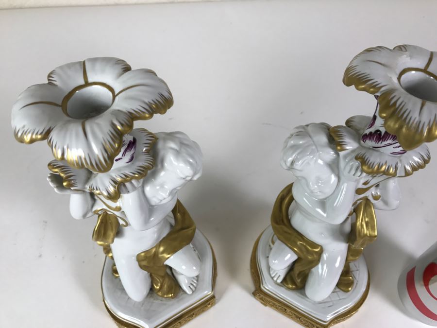 Exquisite Pair Of Candle Holders On Gilt Metal Base Boys Holding Up Candle Holders Signed N With Crown [Photo 6]