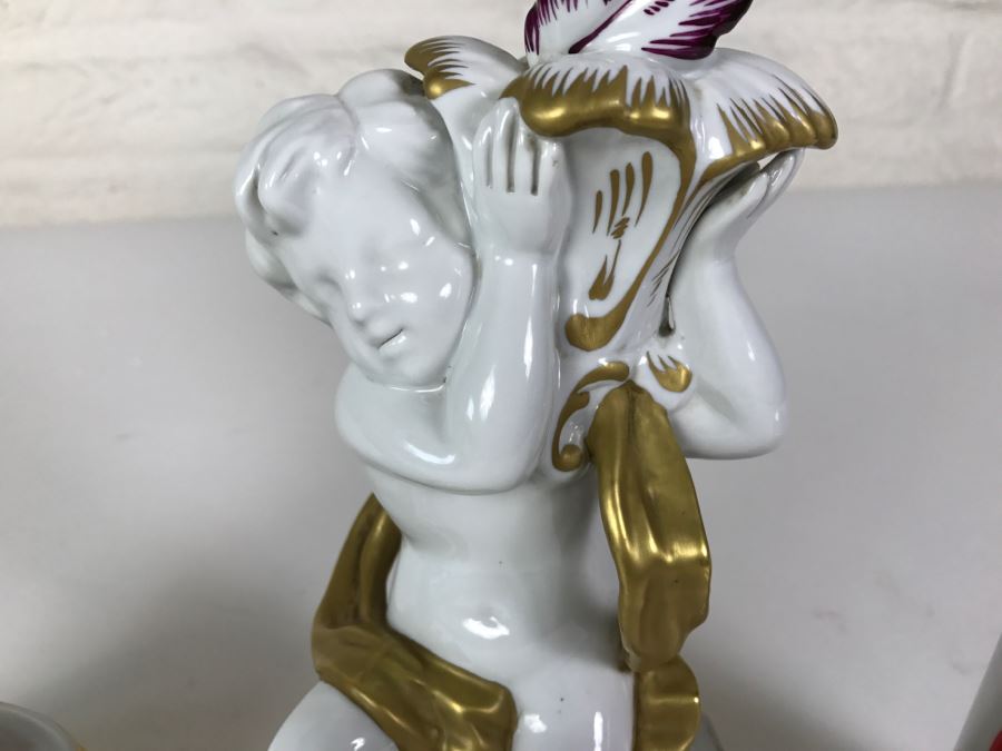 Exquisite Pair Of Candle Holders On Gilt Metal Base Boys Holding Up Candle Holders Signed N With Crown [Photo 12]