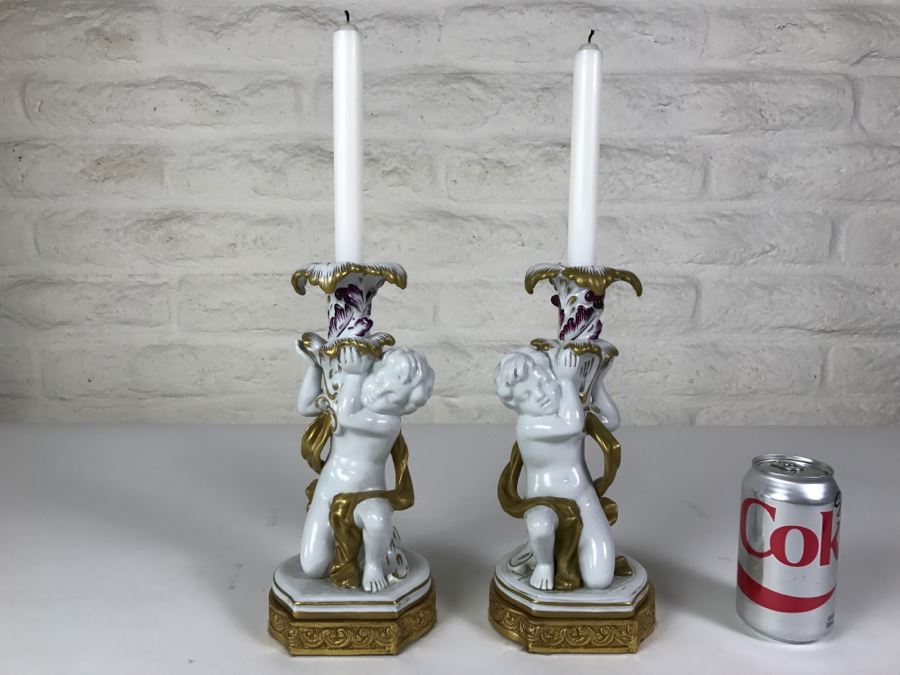 Exquisite Pair Of Candle Holders On Gilt Metal Base Boys Holding Up Candle Holders Signed N With Crown [Photo 19]