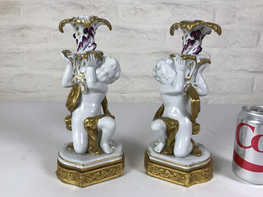 Exquisite Pair Of Candle Holders On Gilt Metal Base Boys Holding Up Candle Holders Signed N With Crown [Photo 1]