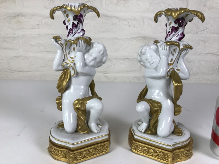 Exquisite Pair Of Candle Holders On Gilt Metal Base Boys Holding Up Candle Holders Signed N With Crown [Photo 4]