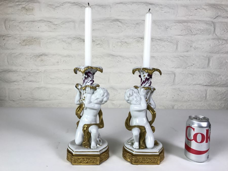 Exquisite Pair Of Candle Holders On Gilt Metal Base Boys Holding Up Candle Holders Signed N With Crown [Photo 20]