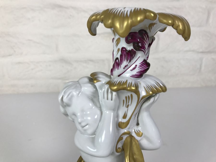 Exquisite Pair Of Candle Holders On Gilt Metal Base Boys Holding Up Candle Holders Signed N With Crown [Photo 11]