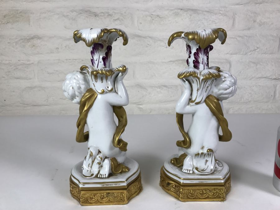 Exquisite Pair Of Candle Holders On Gilt Metal Base Boys Holding Up Candle Holders Signed N With Crown [Photo 2]