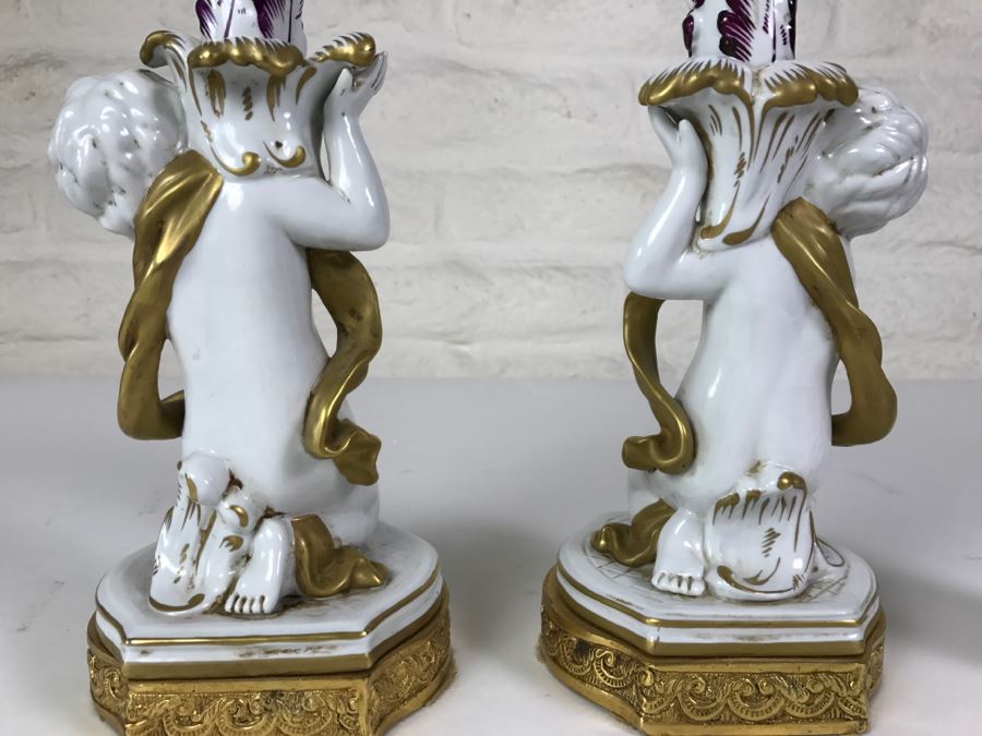 Exquisite Pair Of Candle Holders On Gilt Metal Base Boys Holding Up Candle Holders Signed N With Crown [Photo 14]