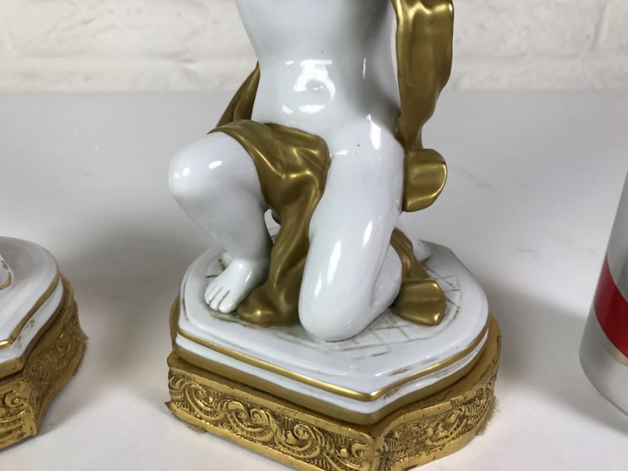 Exquisite Pair Of Candle Holders On Gilt Metal Base Boys Holding Up Candle Holders Signed N With Crown [Photo 13]