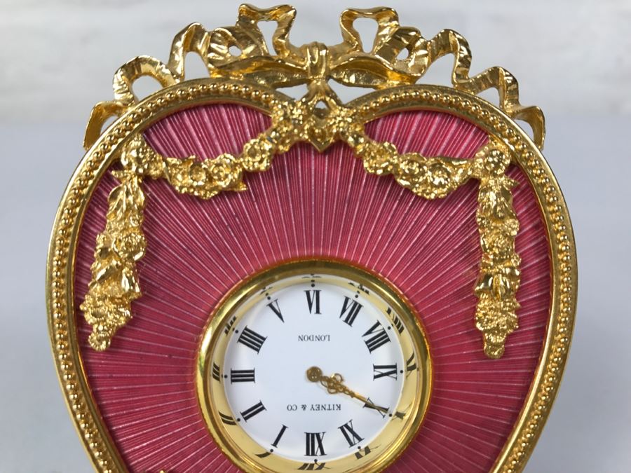 Vintage Pink Enamel Heart With Gilt Metal Accents Kitney & Co London England Clock [Photo 3]