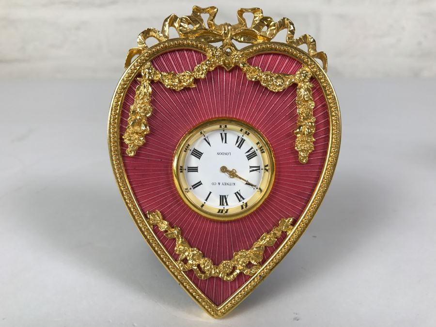 Vintage Pink Enamel Heart With Gilt Metal Accents Kitney & Co London England Clock [Photo 2]