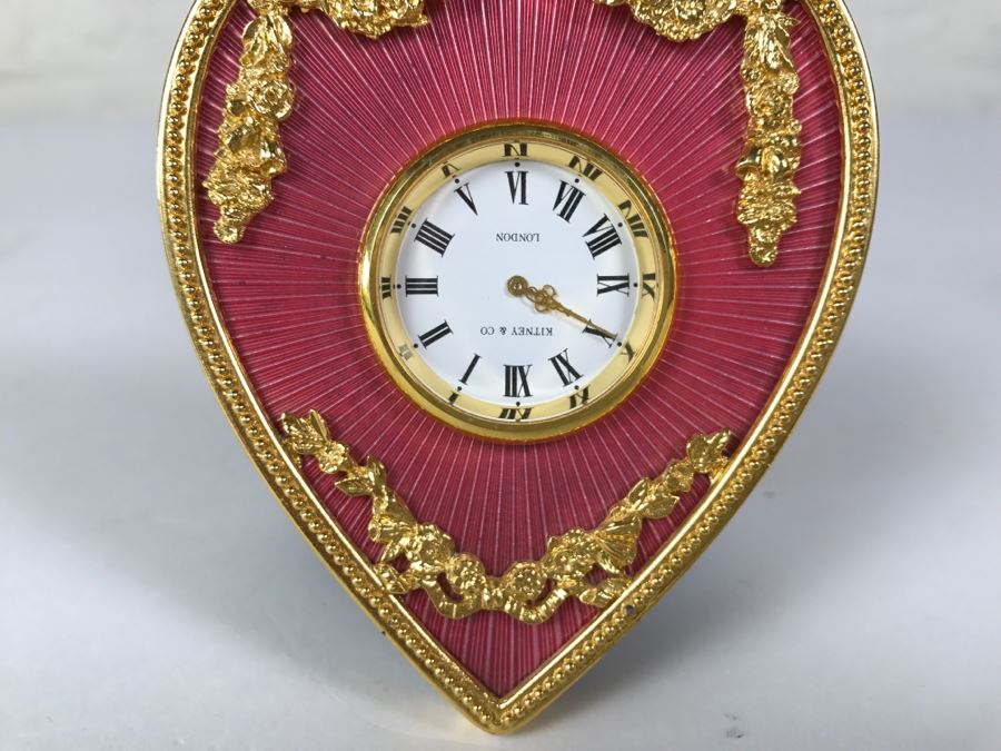 Vintage Pink Enamel Heart With Gilt Metal Accents Kitney & Co London England Clock [Photo 4]