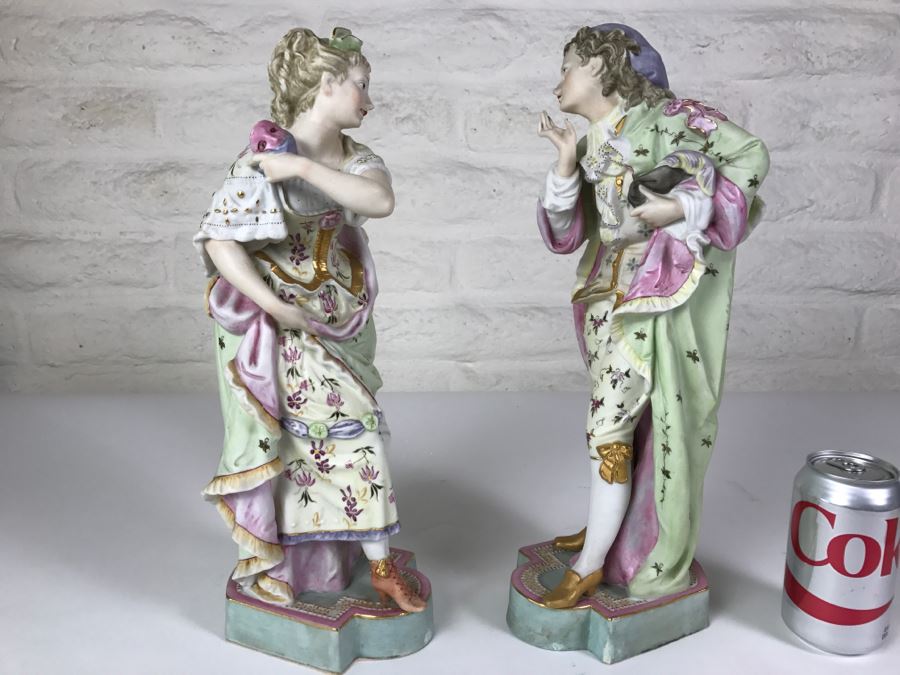 Pair Of Large Hand Painted Man And Woman Figures With Gold Accents