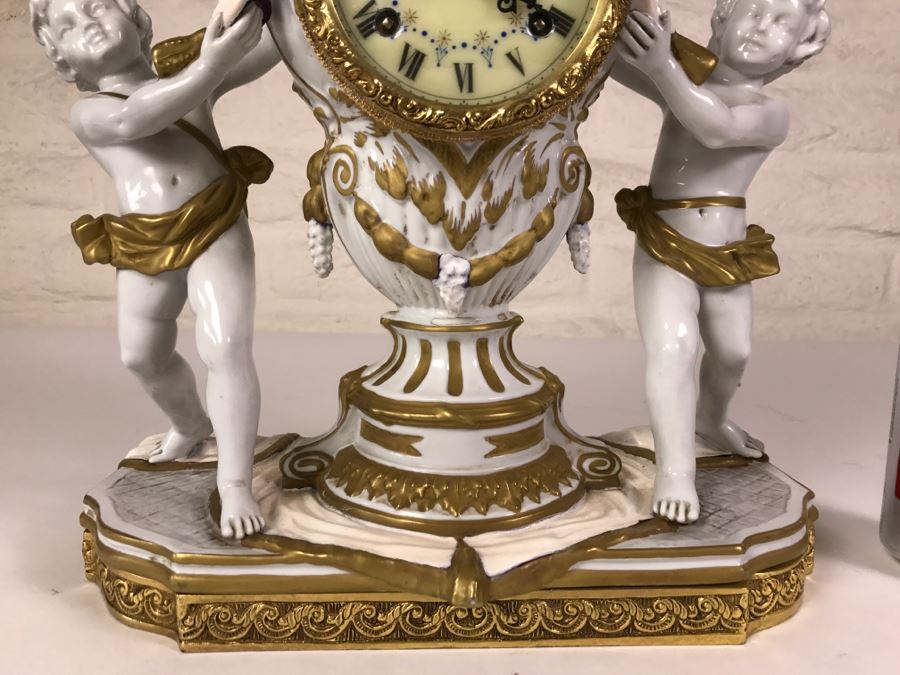 STUNNING Walt Hand Painted Porcelain Clock By C. Zanardi Made In Italy White With Gold Accents Boys Flanking Clock [Photo 10]